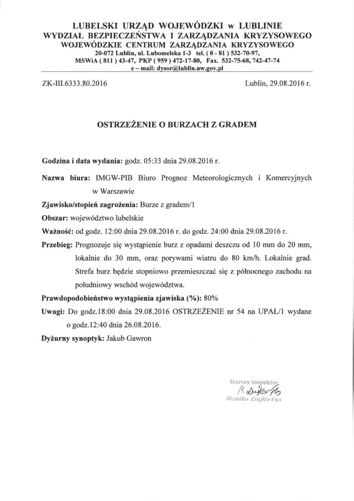 Ostrzeżenie o burzach z gradem  29.08.2016r