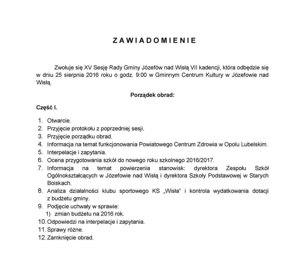 Zawiadomienie o sesji 25 08 2016