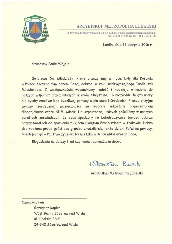 Światowe Dni Młodzieży podziekowanie arcybiskup